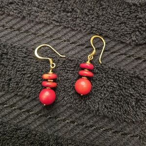 Red Coral Vintage Hill Tribe 14k Vermeil Sterling Beaded Earrings